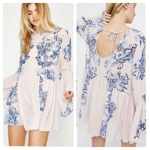 Free People Pink Blue Floral Symphony Slip Dress Bell Sleeves oversized